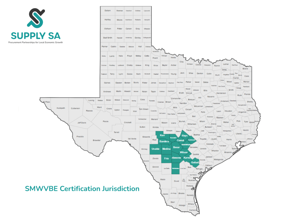Map of Texas with the 16 counties in the SMWVBE certification jurisdiction highlighted around San Antonio