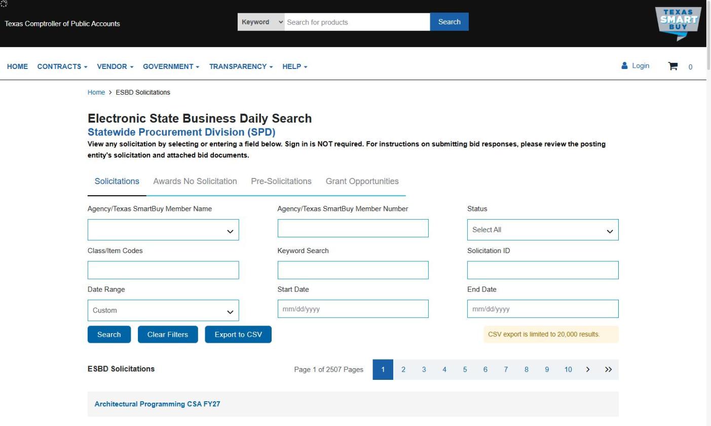 Electronic State Business Daily, where Texas state agencies post solicitations. No sign-in required to browse.