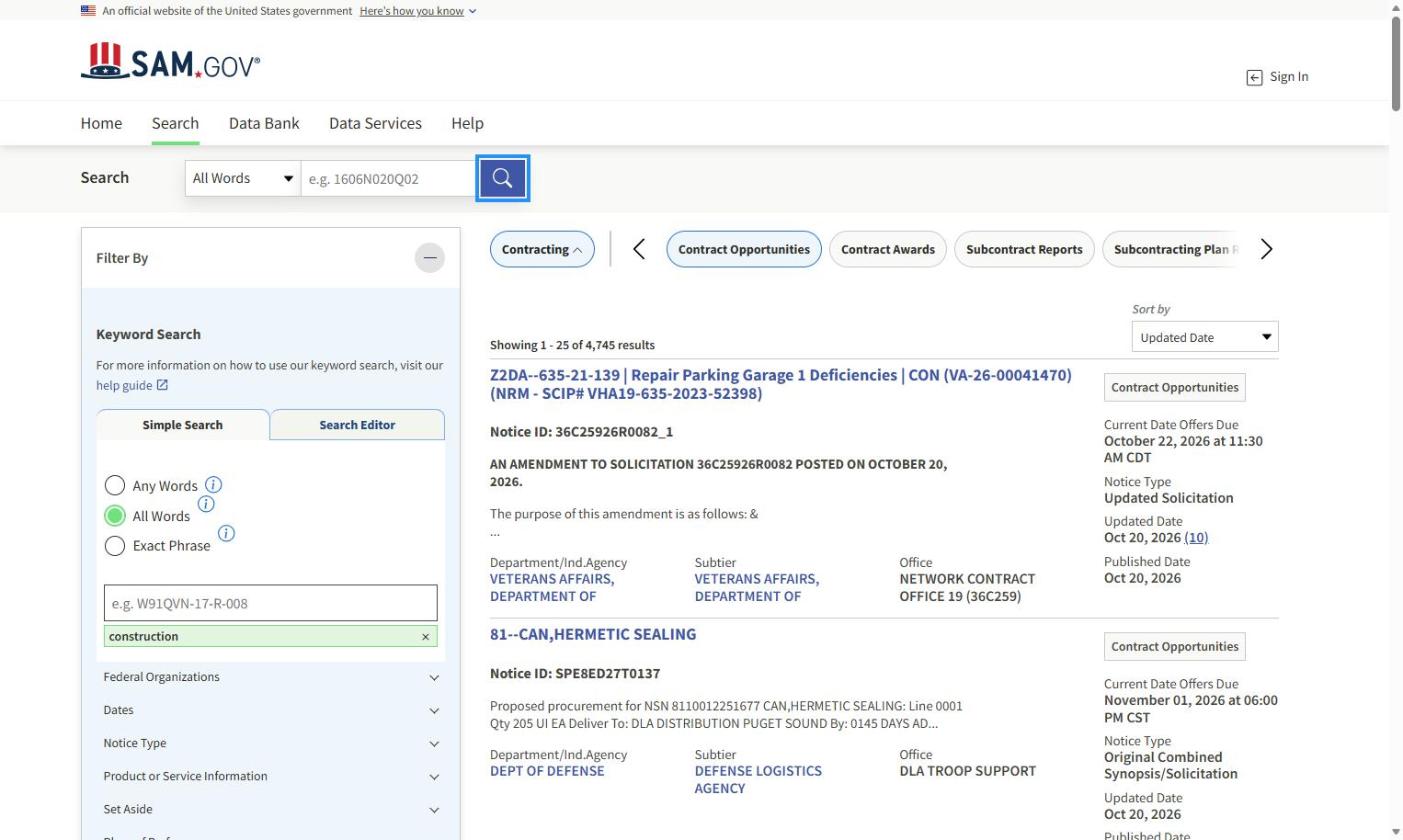 SAM.gov contract opportunities search showing active federal solicitations. Sign in to save a search and turn on notifications.